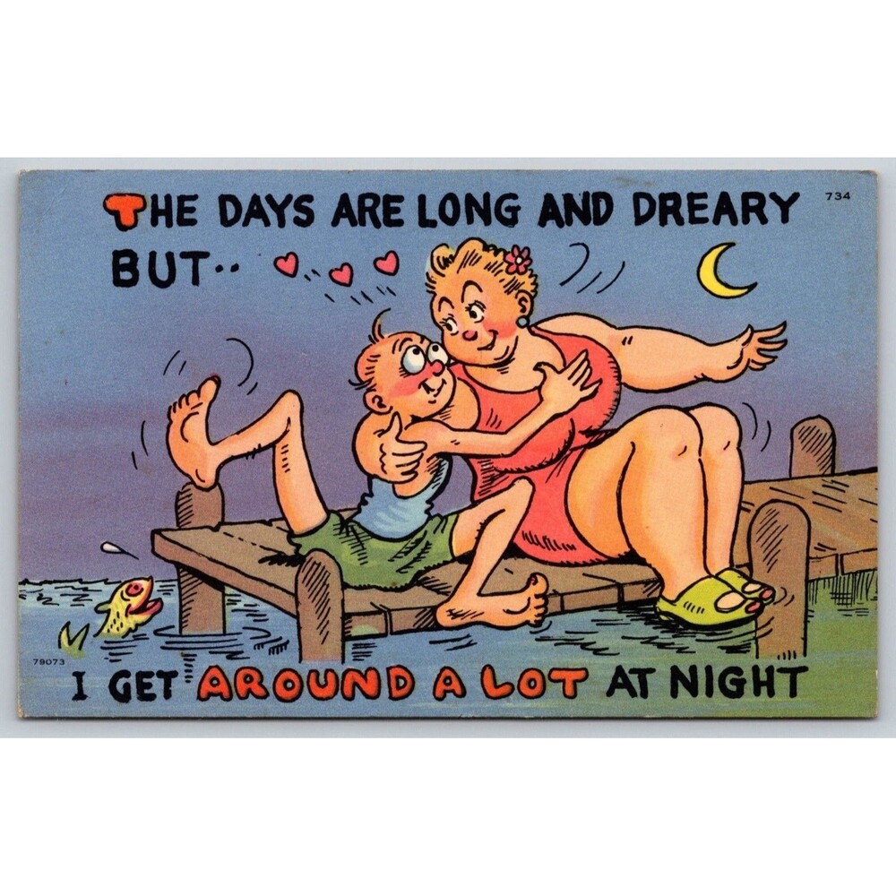 Vintage 1940s Linen Comic Postcard Tichnor Bros 734 "Get Around A Lot At Night"